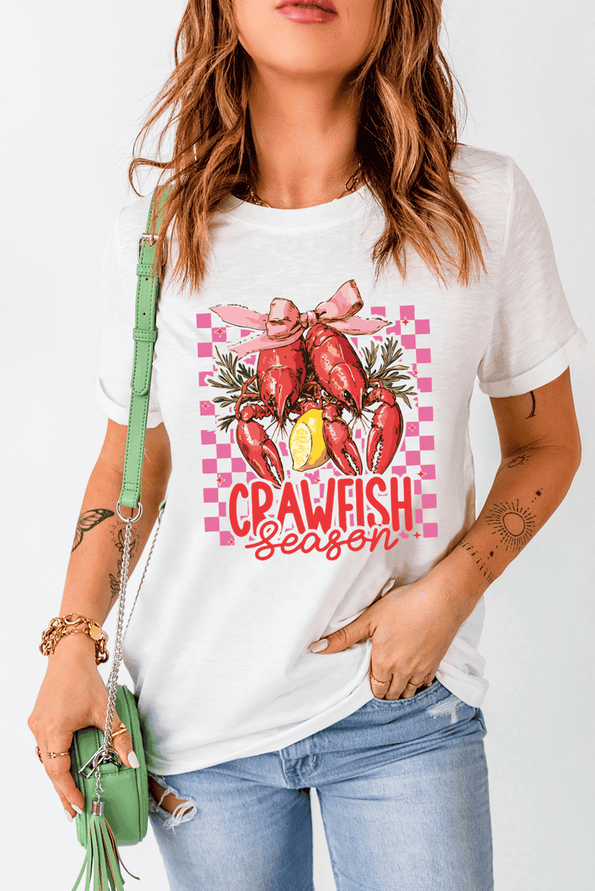 White Checkerboard Bow Crawfish Season Printed Crewneck T Shirt