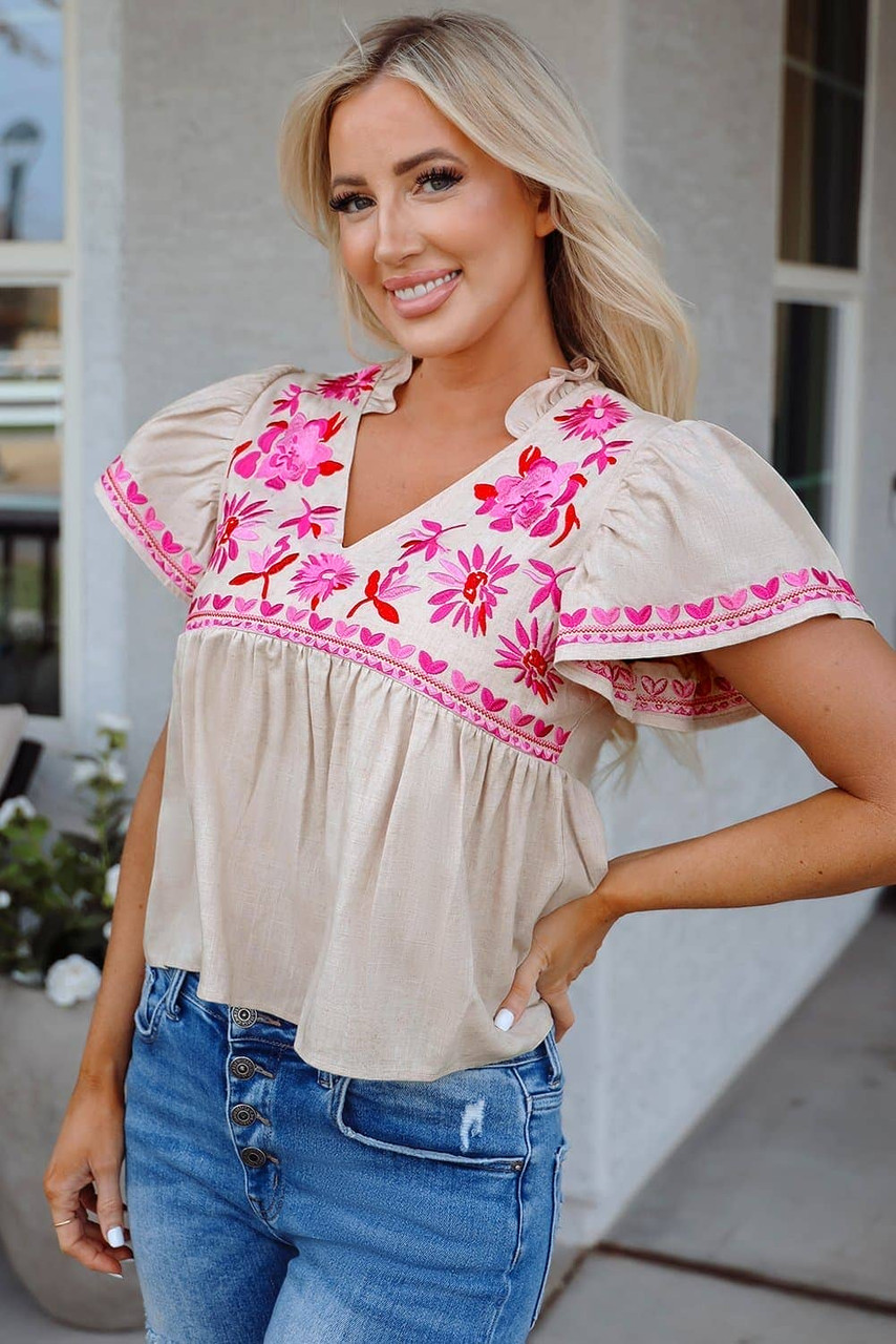 Beige Floral Embroidered Short Sleeve Notched V Neck Blouse Beige Floral Embroidered Short Sleeve Notched V Neck Blouse