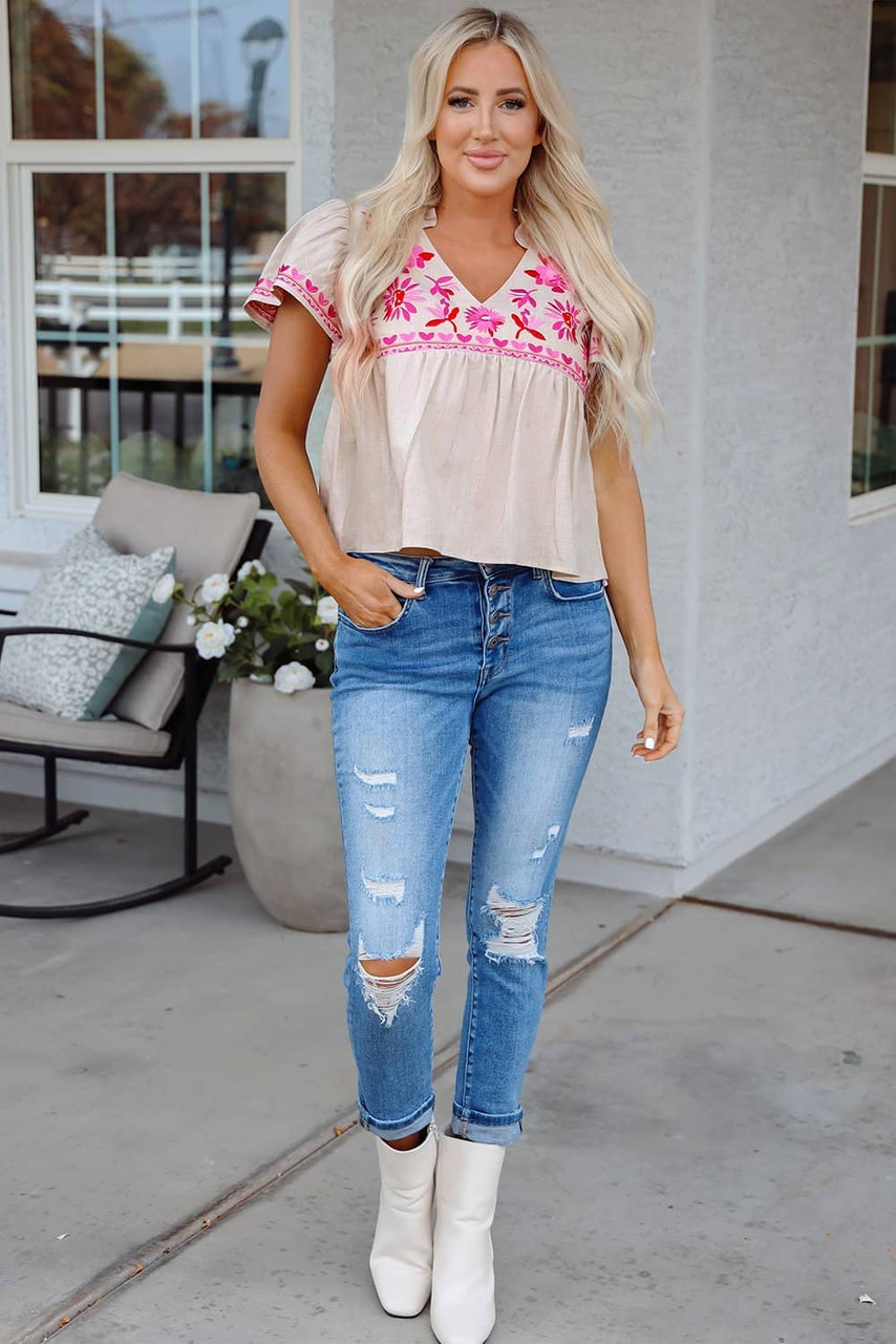 Beige Floral Embroidered Short Sleeve Notched V Neck Blouse Beige Floral Embroidered Short Sleeve Notched V Neck Blouse
