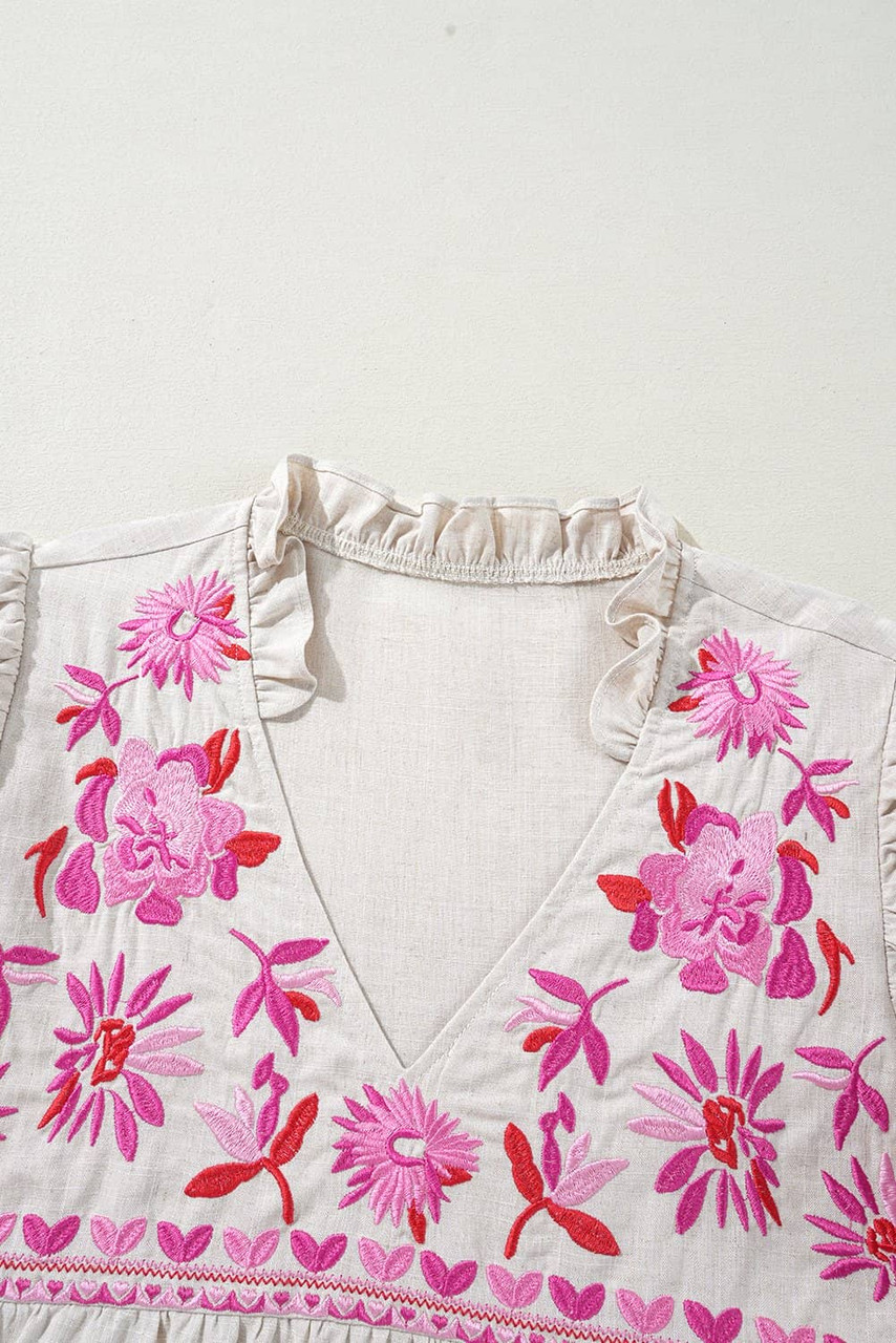 Beige Floral Embroidered Short Sleeve Notched V Neck Blouse Beige Floral Embroidered Short Sleeve Notched V Neck Blouse