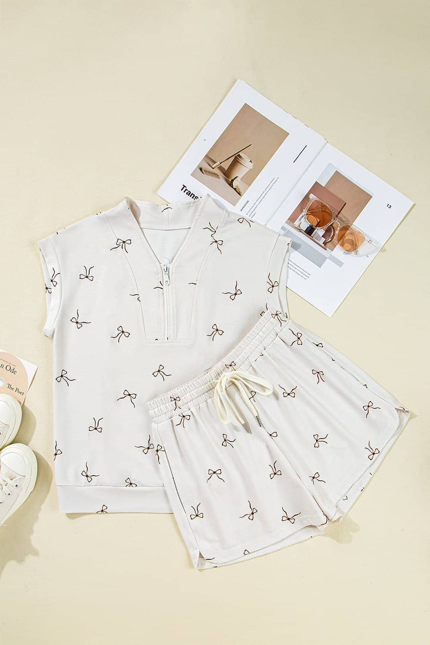 Beige Bow Print Half Zip Tank and Shorts 2pcs Set