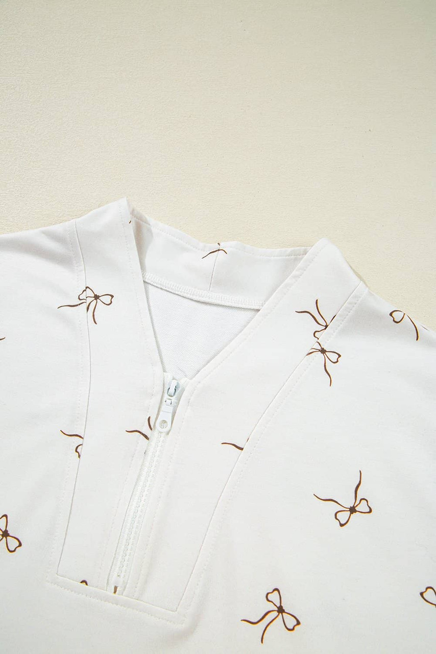 Beige Bow Print Half Zip Tank and Shorts 2pcs Set