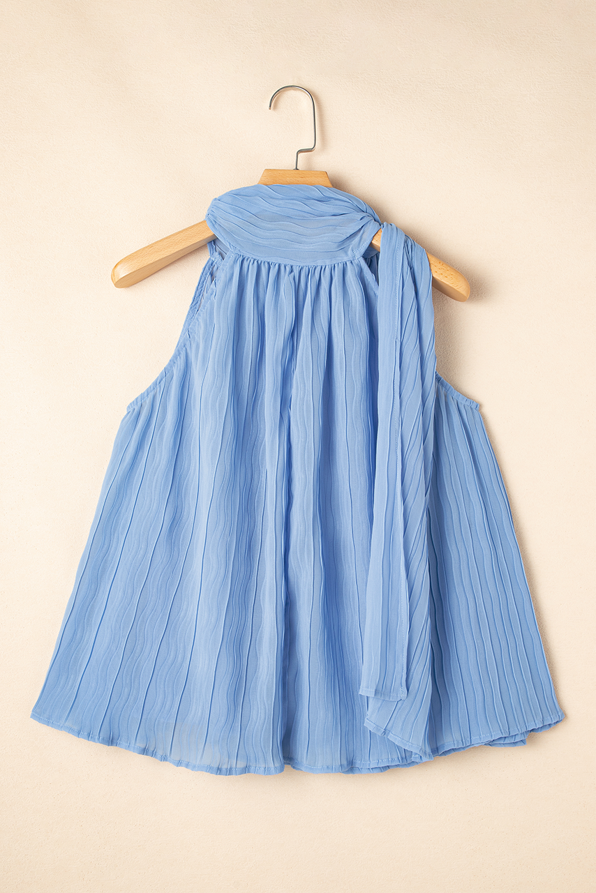 Myosotis Textured Pleated Tied Mock Neck  Flowy Tank Top