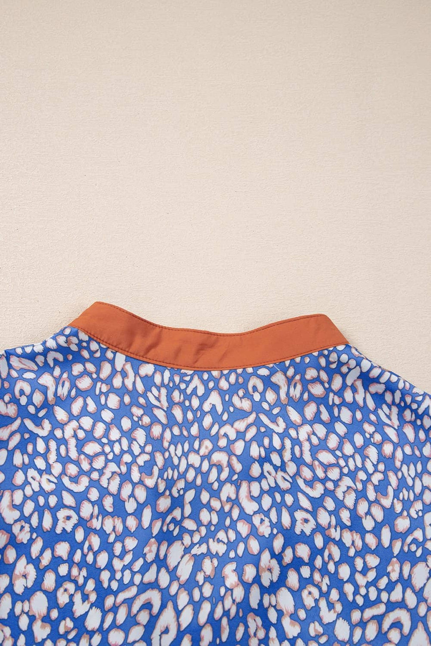 Ashleigh Blue Leopard Print Spot Contrast V Neck Half Puff Sleeve Shirt