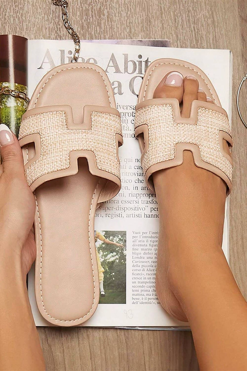 White Faux Raffia Detail Hollowed Open Toe Slippers White Faux Raffia Detail Hollowed Open Toe Slippers