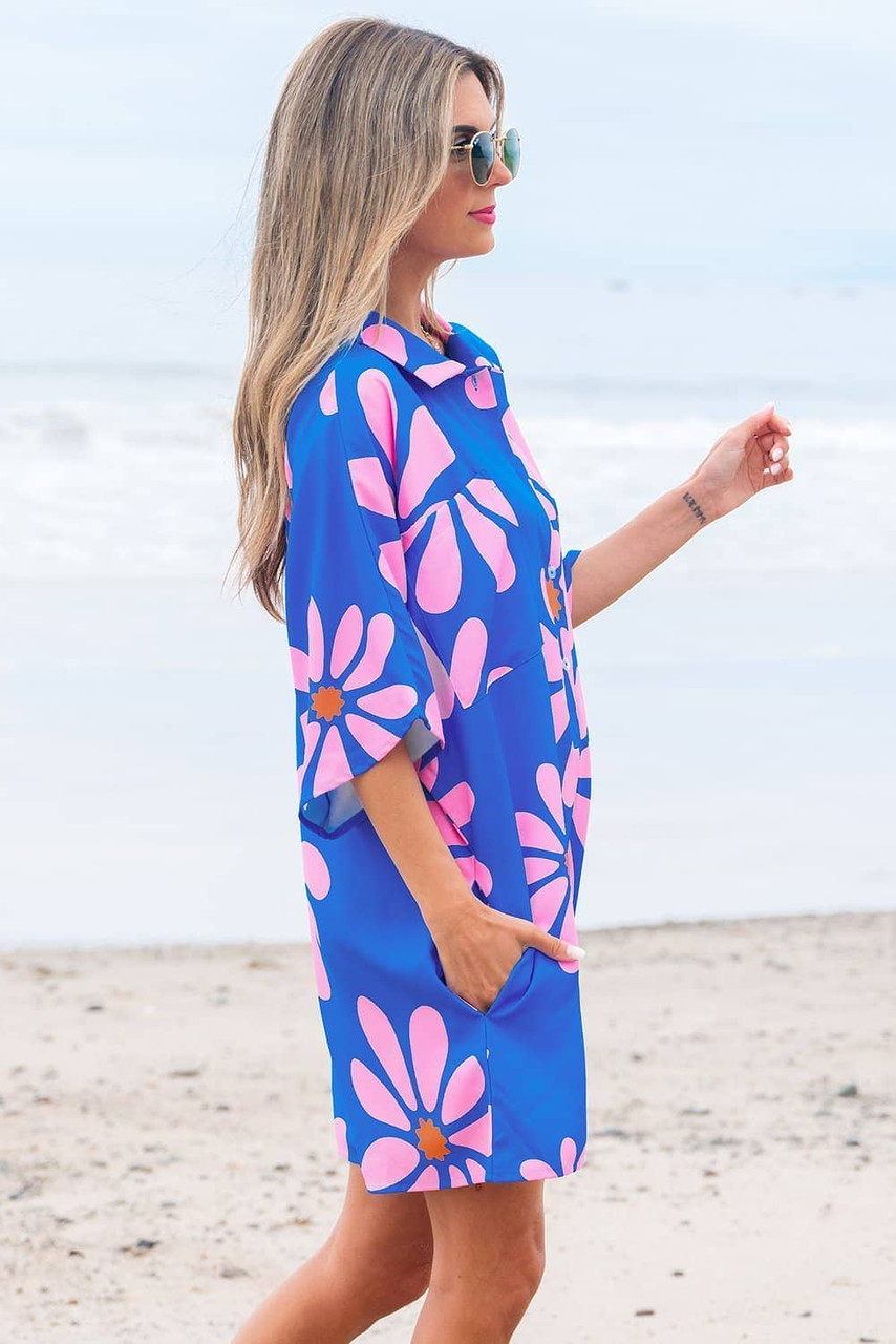 Blue Summer Flower Print Shirt Collar Button Front Loose Romper Blue Summer Flower Print Shirt Collar Button Front Loose Romper