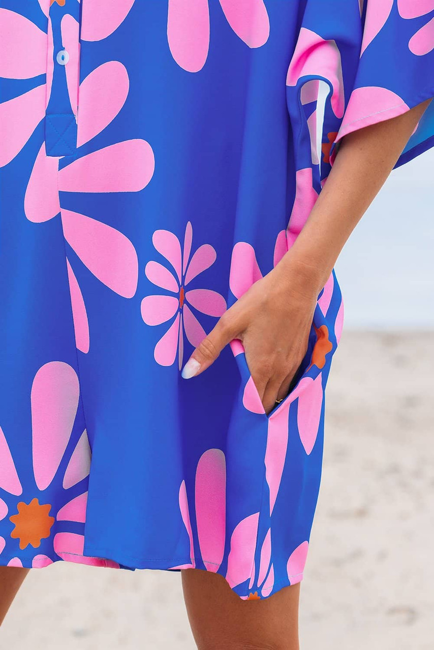 Blue Summer Flower Print Shirt Collar Button Front Loose Romper Blue Summer Flower Print Shirt Collar Button Front Loose Romper