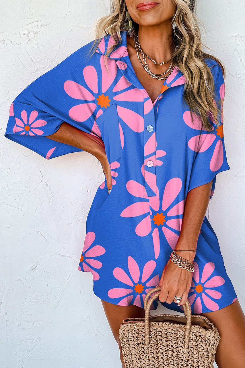 Blue Summer Flower Print Shirt Collar Button Front Loose Romper Blue Summer Flower Print Shirt Collar Button Front Loose Romper