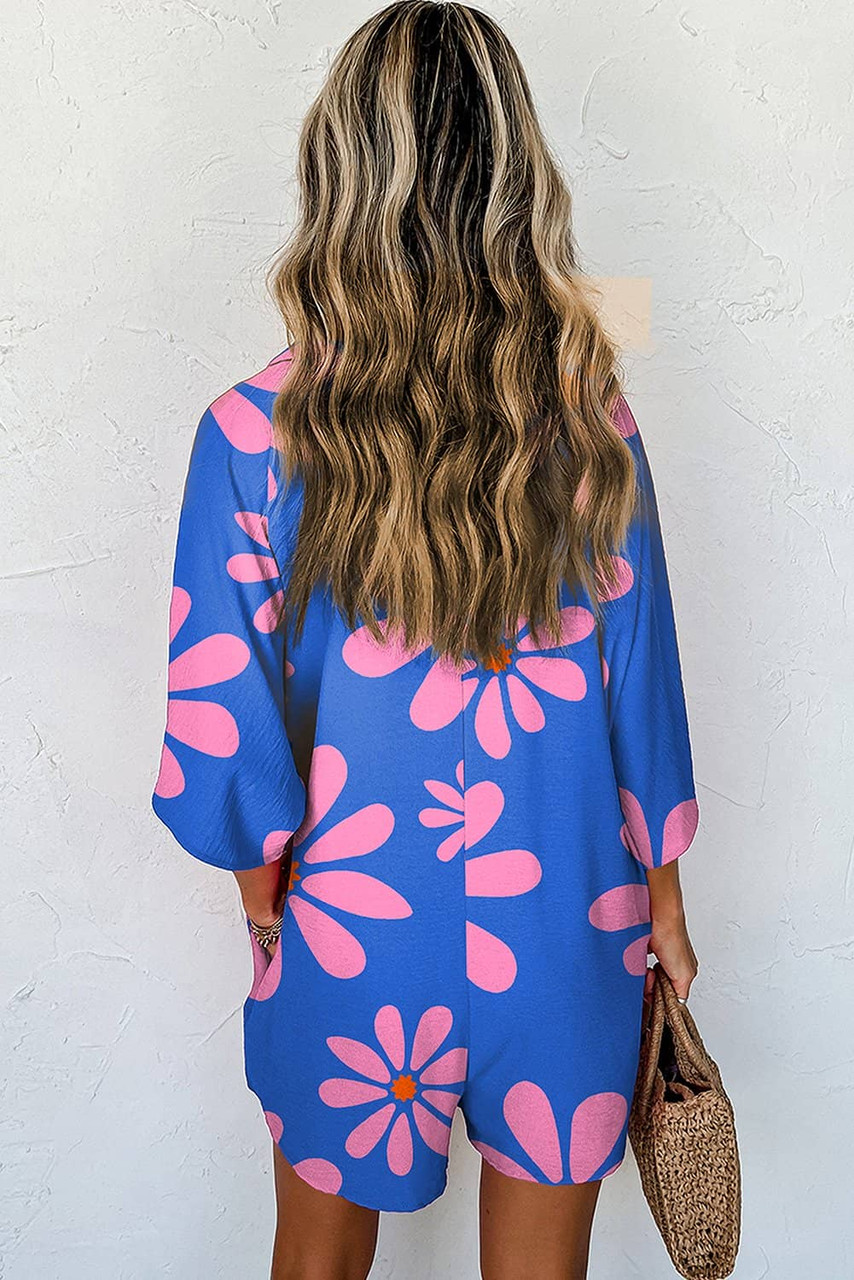 Blue Summer Flower Print Shirt Collar Button Front Loose Romper Blue Summer Flower Print Shirt Collar Button Front Loose Romper