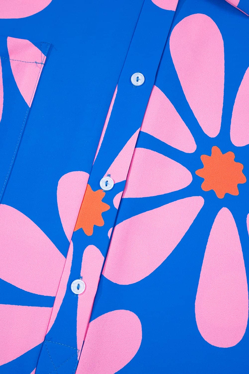 Blue Summer Flower Print Shirt Collar Button Front Loose Romper Blue Summer Flower Print Shirt Collar Button Front Loose Romper