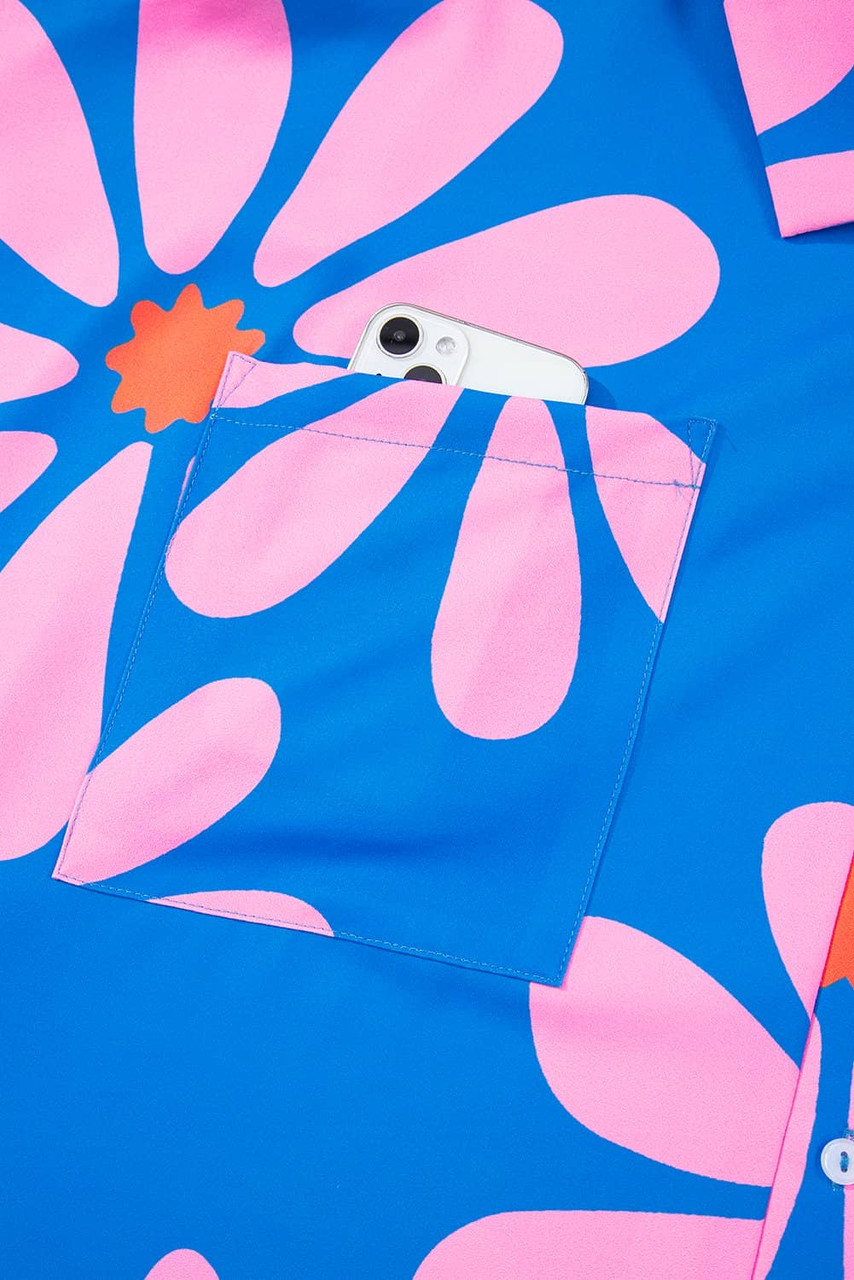 Blue Summer Flower Print Shirt Collar Button Front Loose Romper Blue Summer Flower Print Shirt Collar Button Front Loose Romper