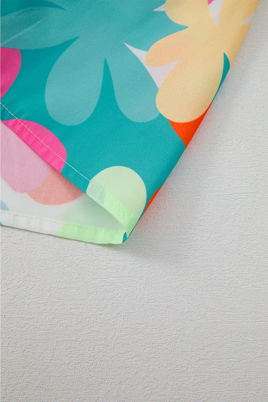 Pink Floral Print Bubble Sleeve V Neck Peplum Blouse