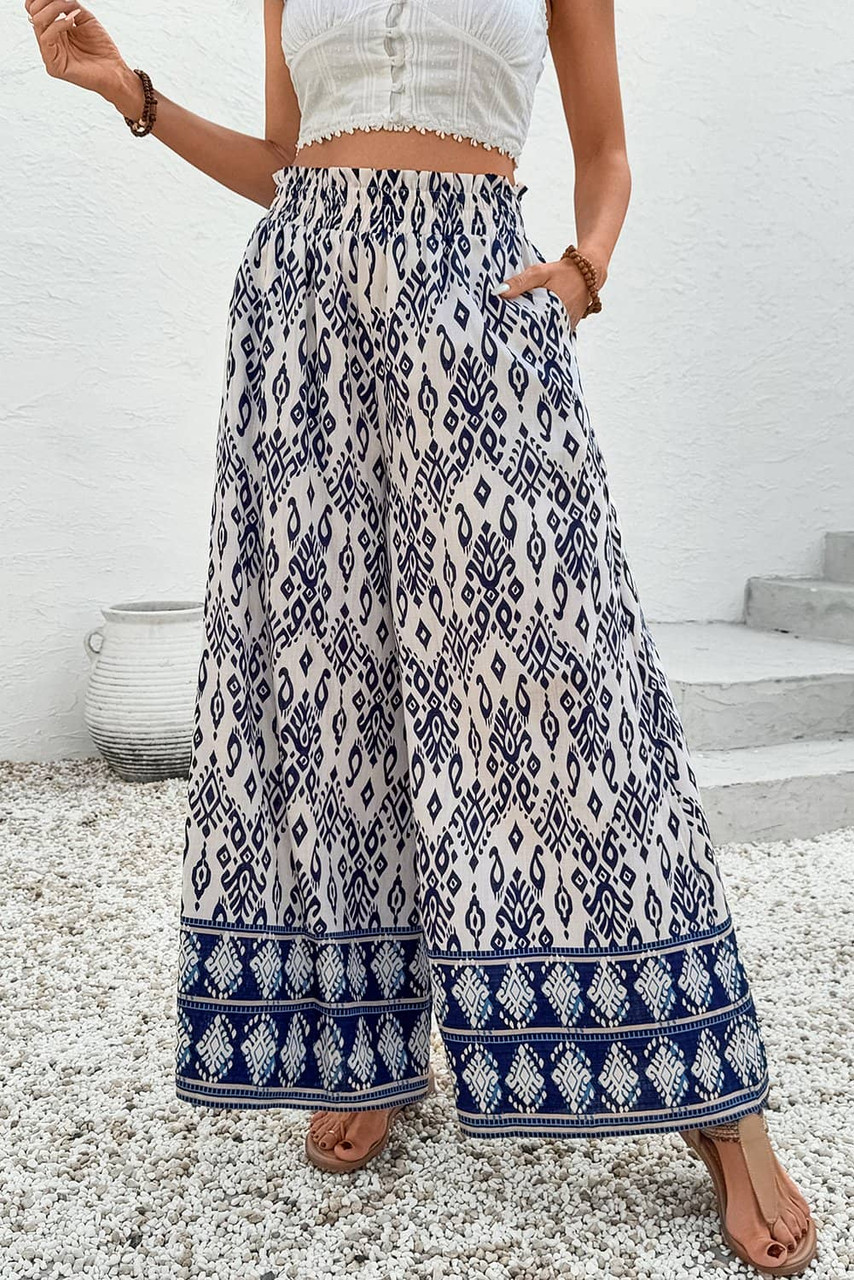 Blue Boho Pattern Print High Waist Wide Leg Loose Pants Blue Boho Pattern Print High Waist Wide Leg Loose Pants