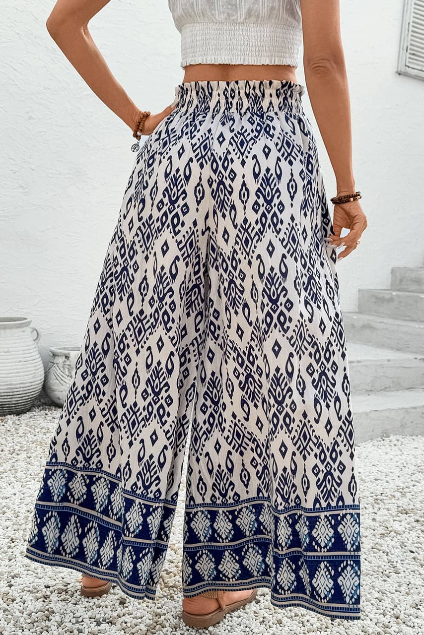 Blue Boho Pattern Print High Waist Wide Leg Loose Pants Blue Boho Pattern Print High Waist Wide Leg Loose Pants