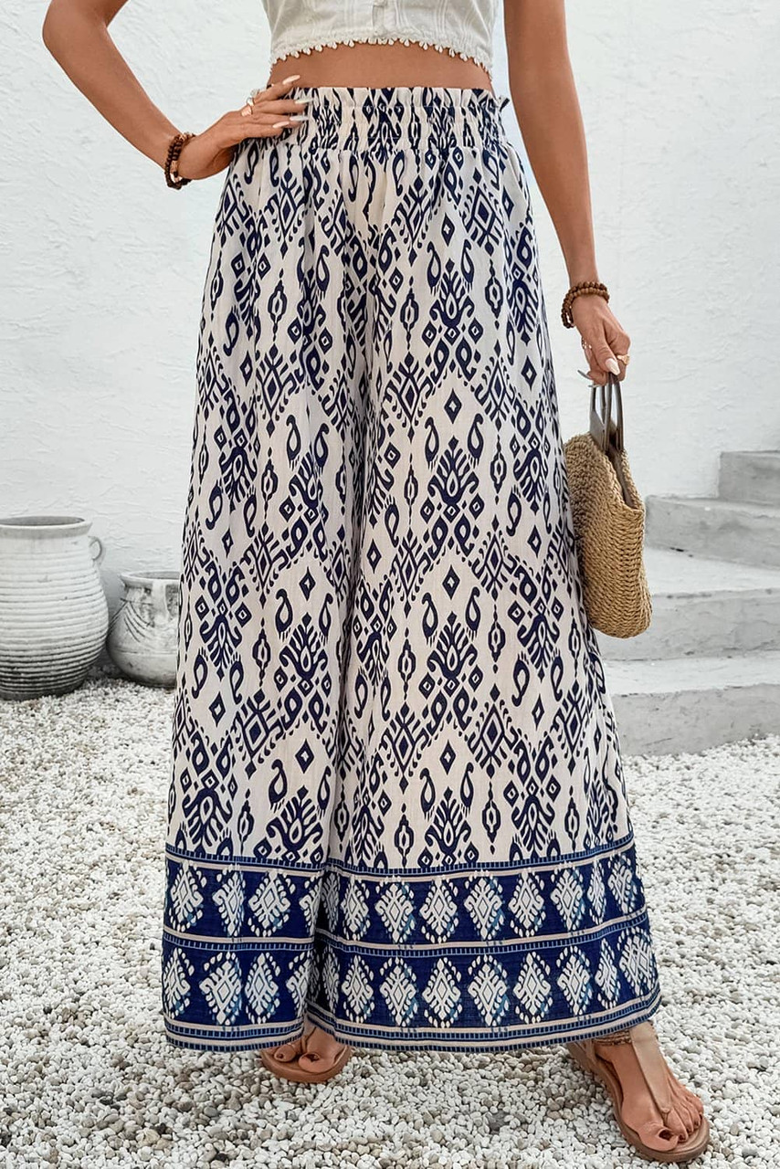 Blue Boho Pattern Print High Waist Wide Leg Loose Pants Blue Boho Pattern Print High Waist Wide Leg Loose Pants