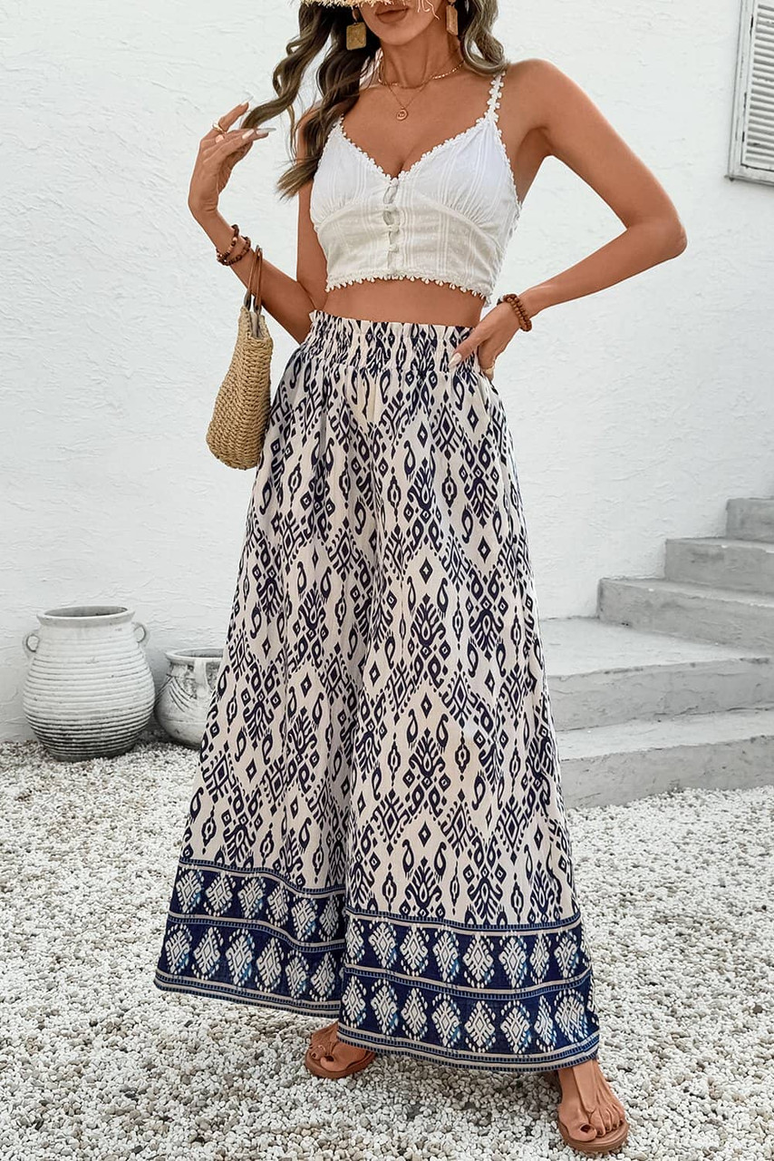 Blue Boho Pattern Print High Waist Wide Leg Loose Pants Blue Boho Pattern Print High Waist Wide Leg Loose Pants