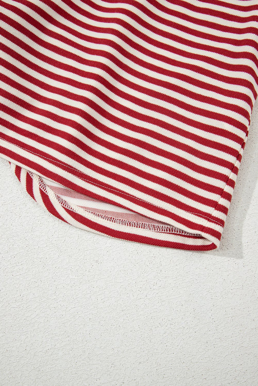 Red Stripe Bowknot Cutout Back Drop Shoulder Wide Bracelet Sleeve Loose Tee
