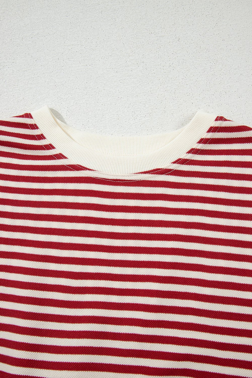 Red Stripe Bowknot Cutout Back Drop Shoulder Wide Bracelet Sleeve Loose Tee