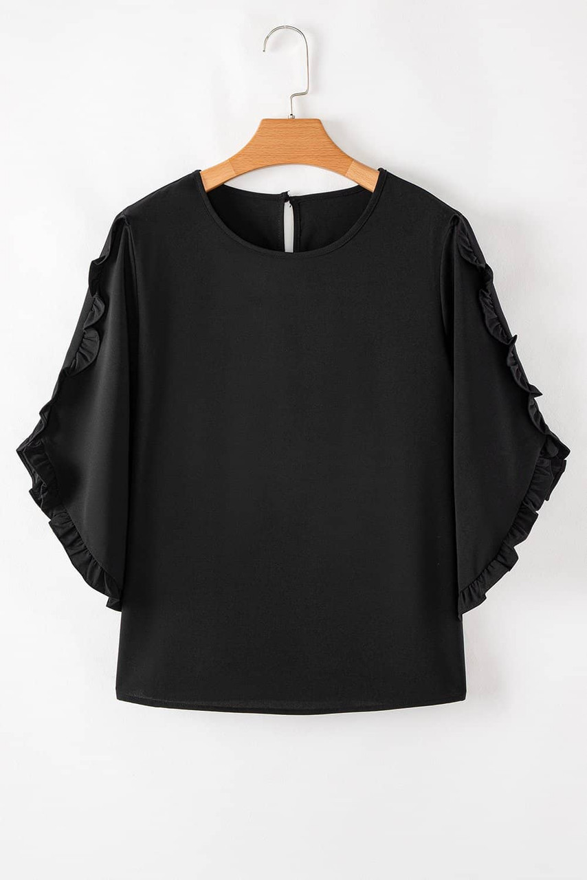 Black Ruffle Trimmed 3/4 Sleeve Round Neck Blouse