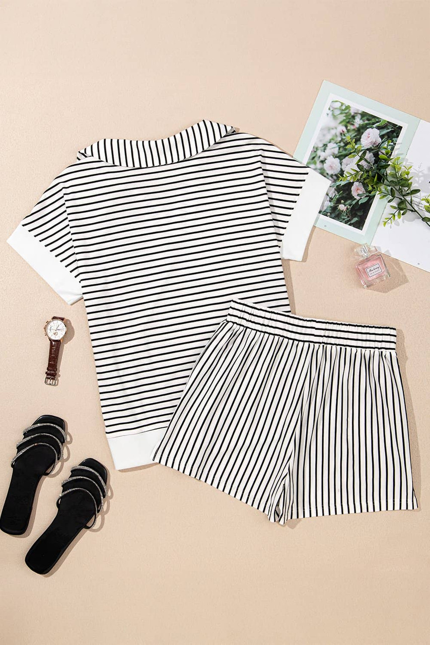 Black Stripe V Neck Tee and Casual Short Set