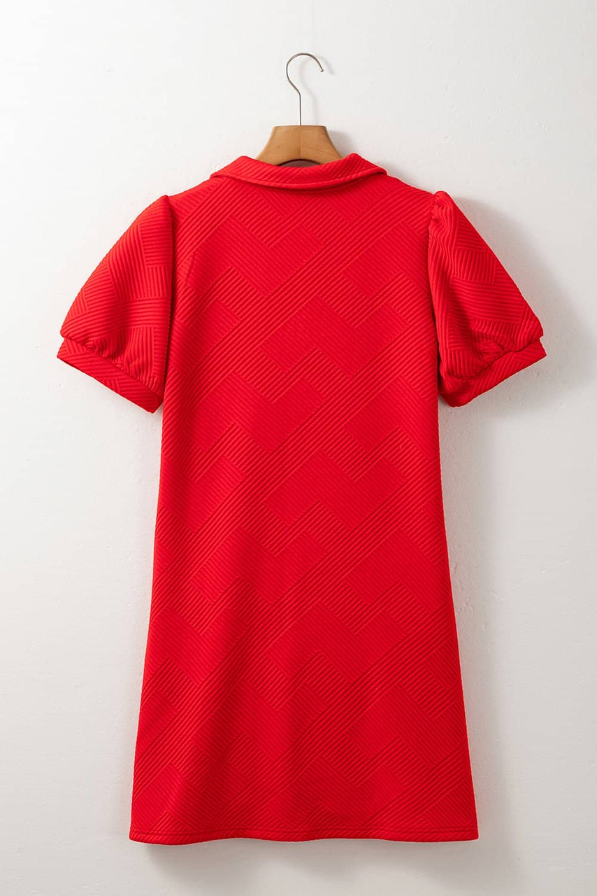 Fiery Red Textured Collared V Neck Puff Short Sleeve Shift Mini Dress