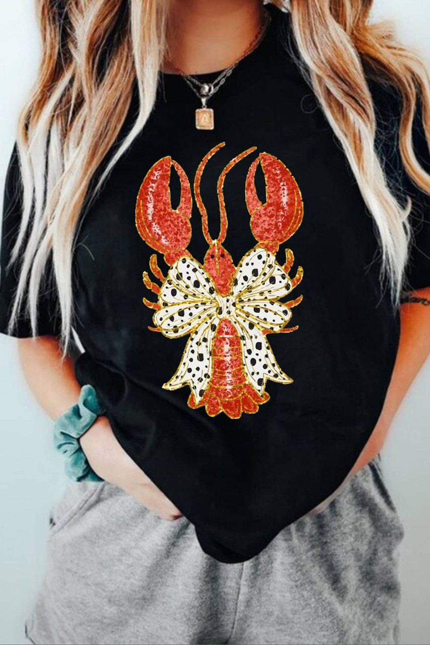 Black Dotty Bow Knot Crawfish Printed T Shirt Black Dotty Bow Knot Crawfish Printed T Shirt