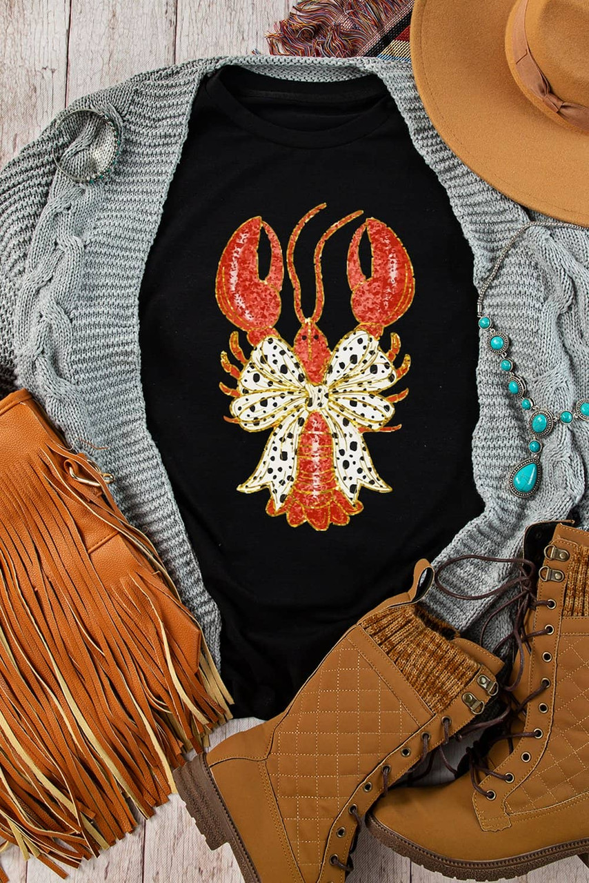 Black Dotty Bow Knot Crawfish Printed T Shirt Black Dotty Bow Knot Crawfish Printed T Shirt
