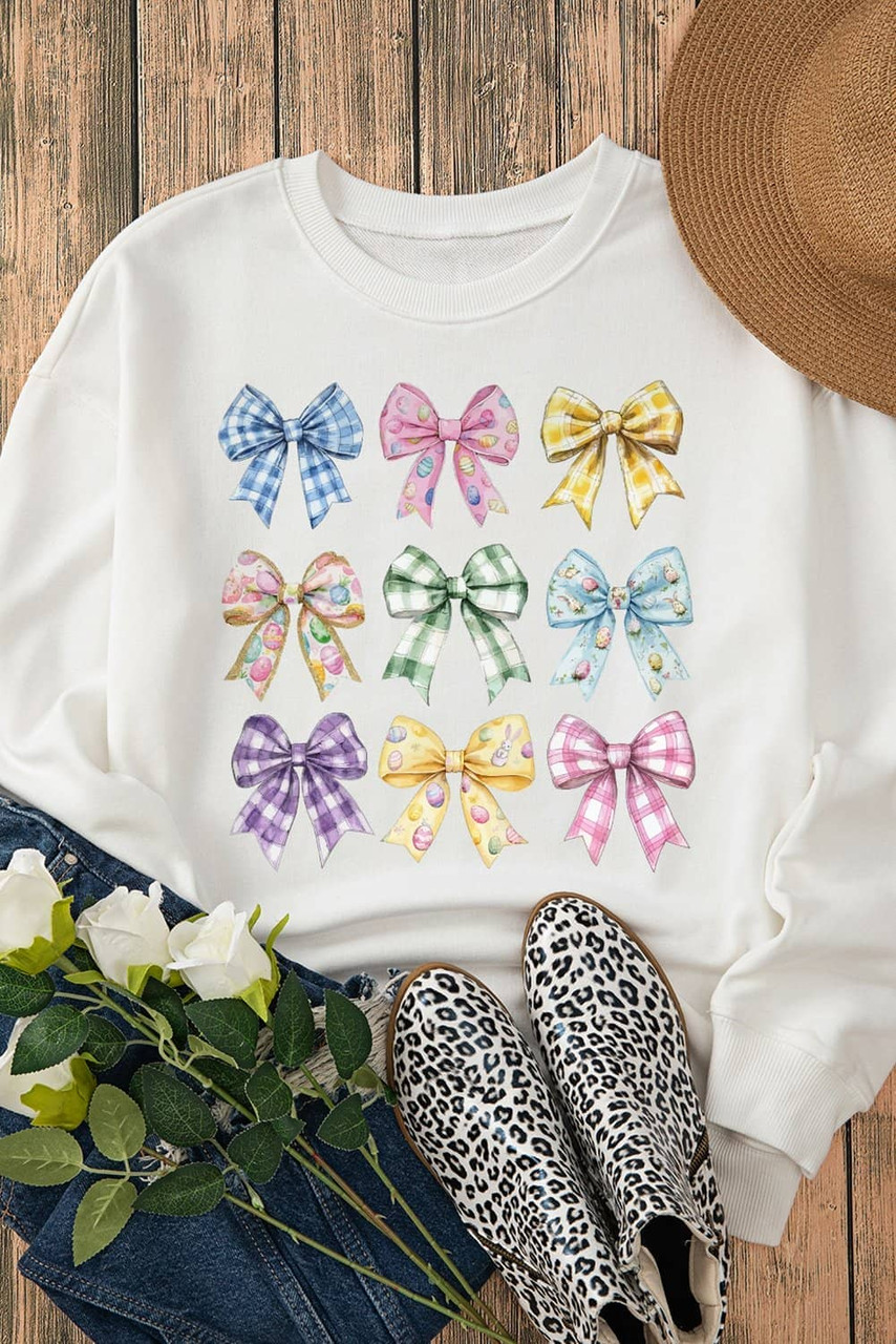 White Easter Eggs Plaid Bow Graphic Drop Shoulder Sweatshirt