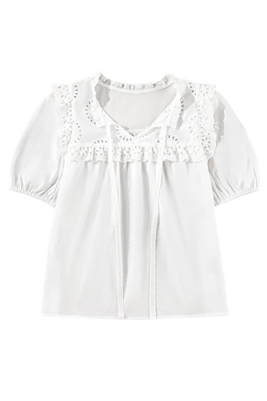 White Embroidered Lace Patchwork Tie Neck Puff Short Sleeve Blouse