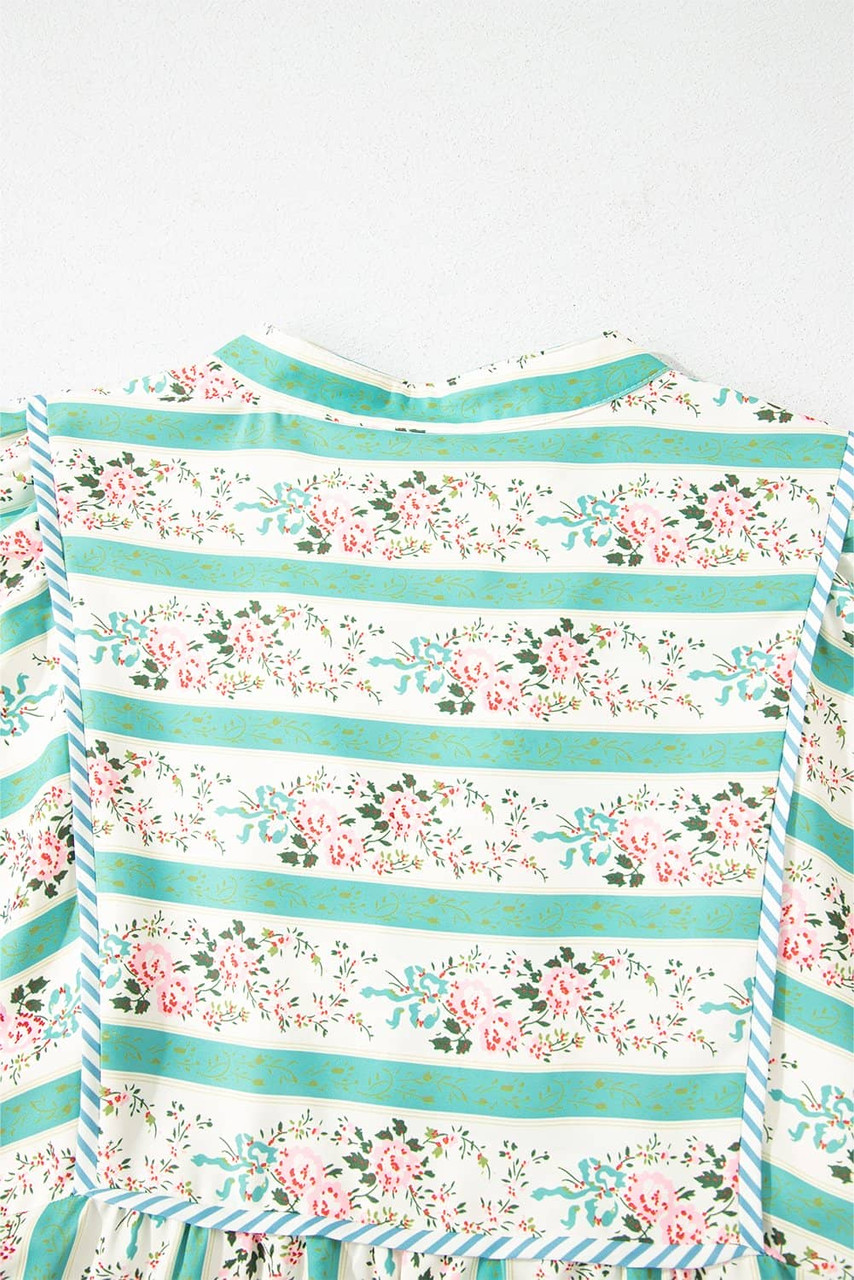 Multicolour Striped Floral Print Tie Split Neck Puff Sleeve Midi Dress