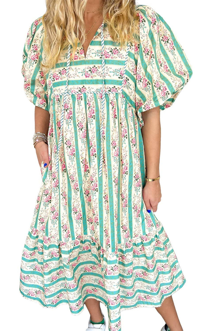 Multicolour Striped Floral Print Tie Split Neck Puff Sleeve Midi Dress