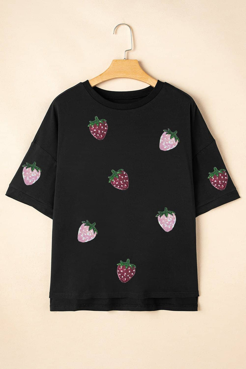 Black Sequin Strawberry Graphic High Low Relaxed Fit Tee Black Sequin Strawberry Graphic High Low Relaxed Fit Tee