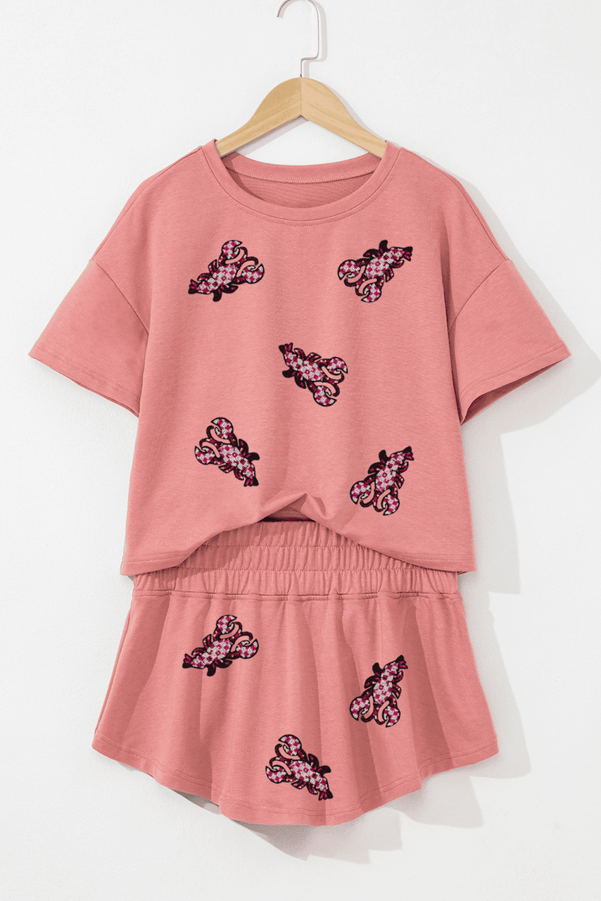Blossom Sequined Lobster Patched Crop Tee and High Waist Short Set