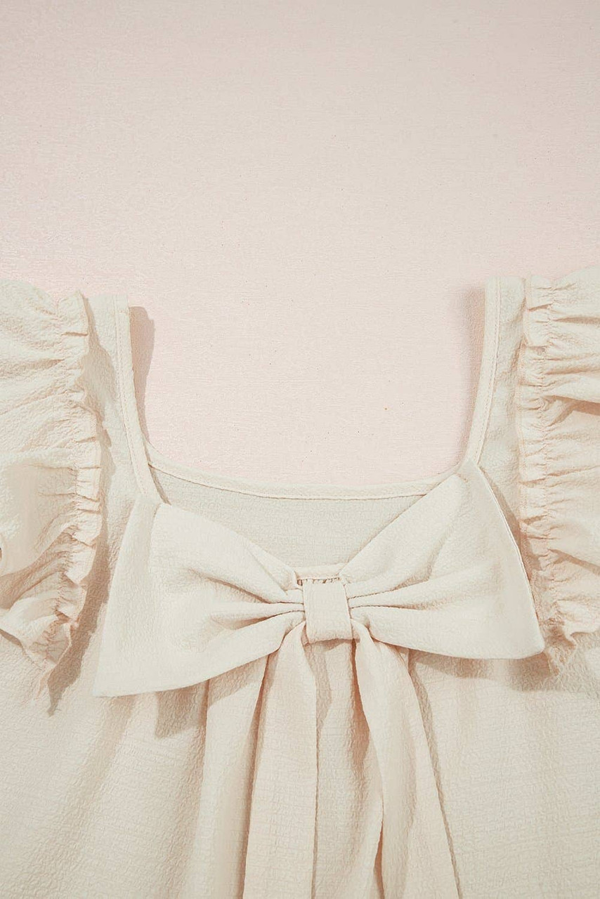 Beige Textured Bow Knot Frilled Butterfly Sleeve Blouse