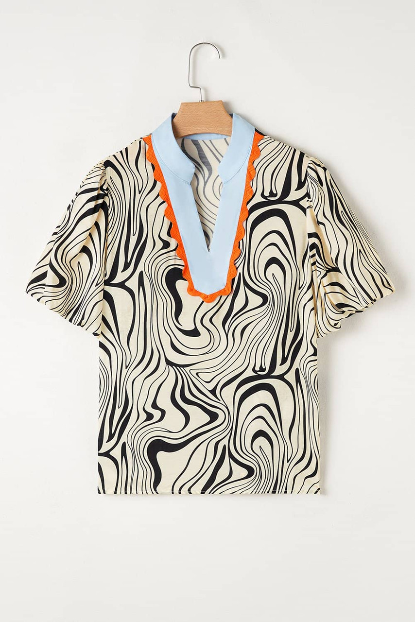 White Zebra Stripe Print Contrast V-Neck Ricrac Detail Short Sleeve Blouse Top White Zebra Stripe Print Contrast V-Neck Ricrac Detail Short Sleeve Blouse Top
