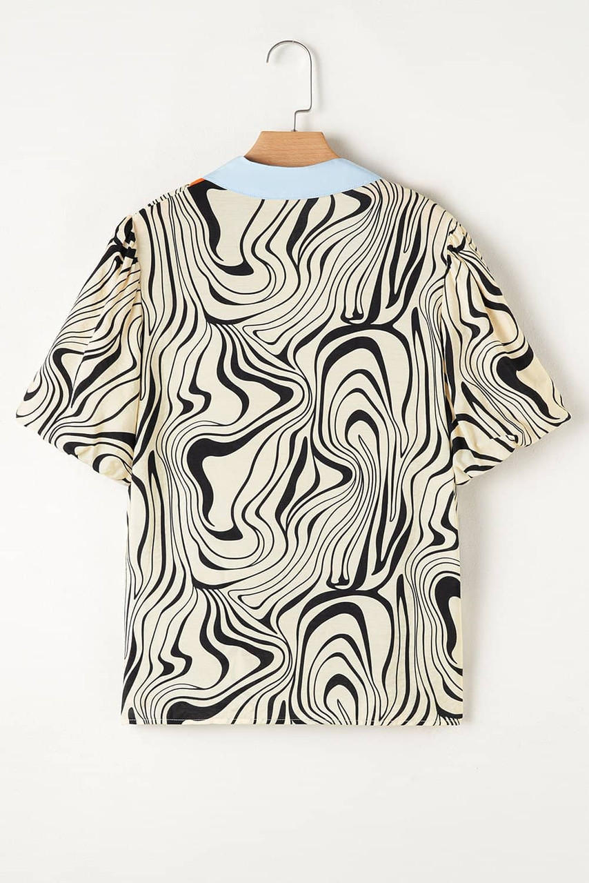 White Zebra Stripe Print Contrast V-Neck Ricrac Detail Short Sleeve Blouse Top White Zebra Stripe Print Contrast V-Neck Ricrac Detail Short Sleeve Blouse Top