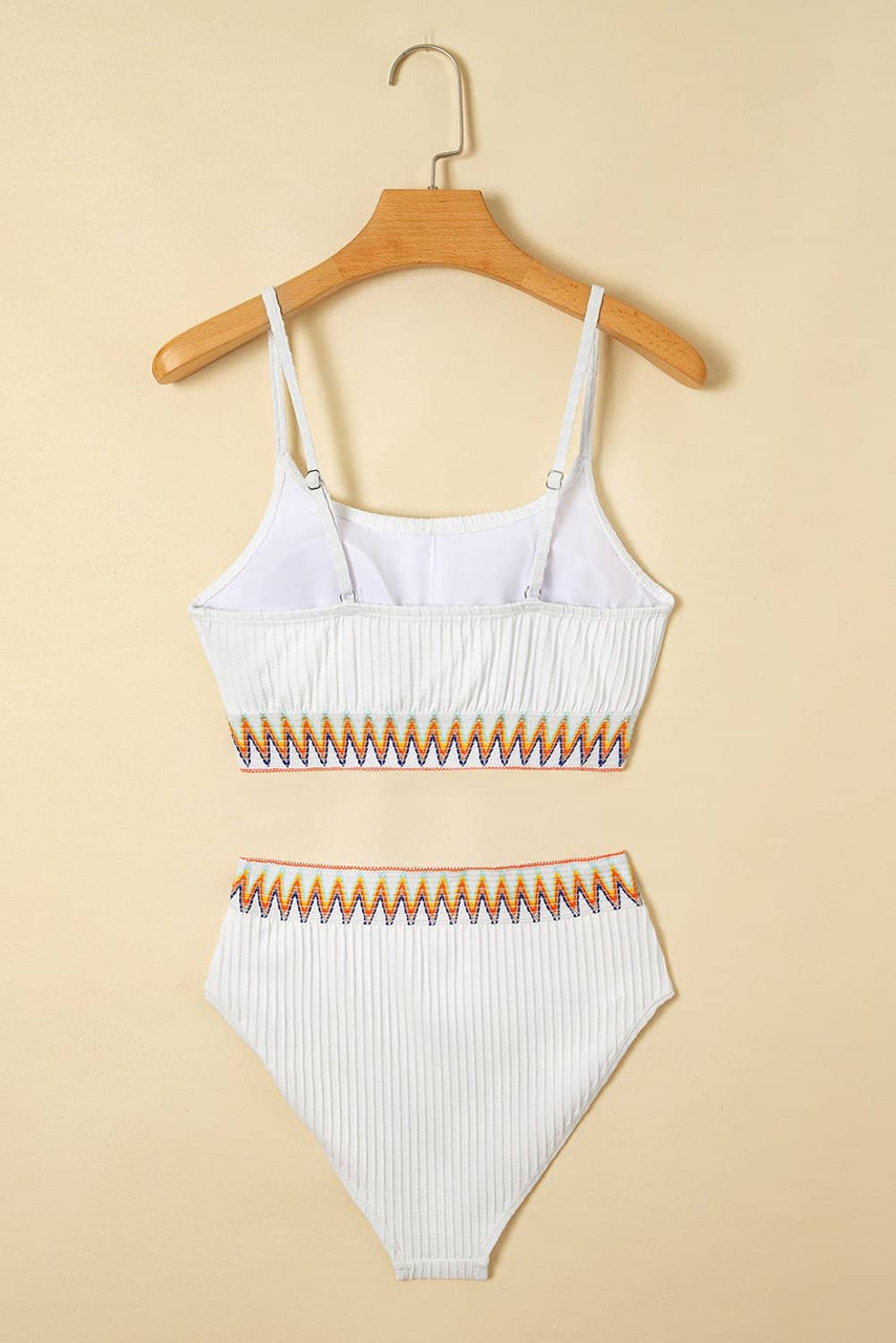 White Textured Contrast Banding Bikini High Waist 2pcs Swimsuit