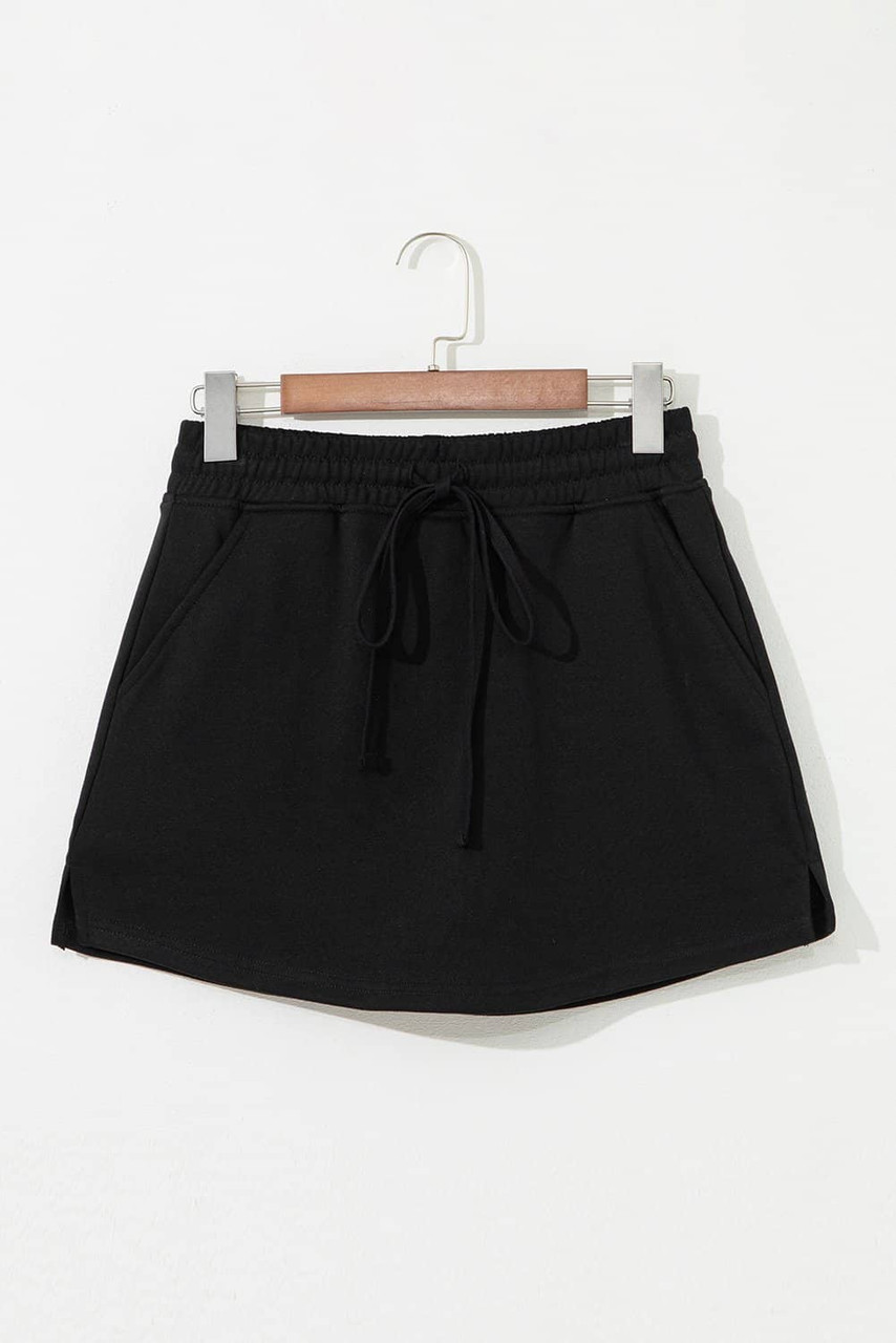 Black French Terry Drawstring Mini Skort with Pockets