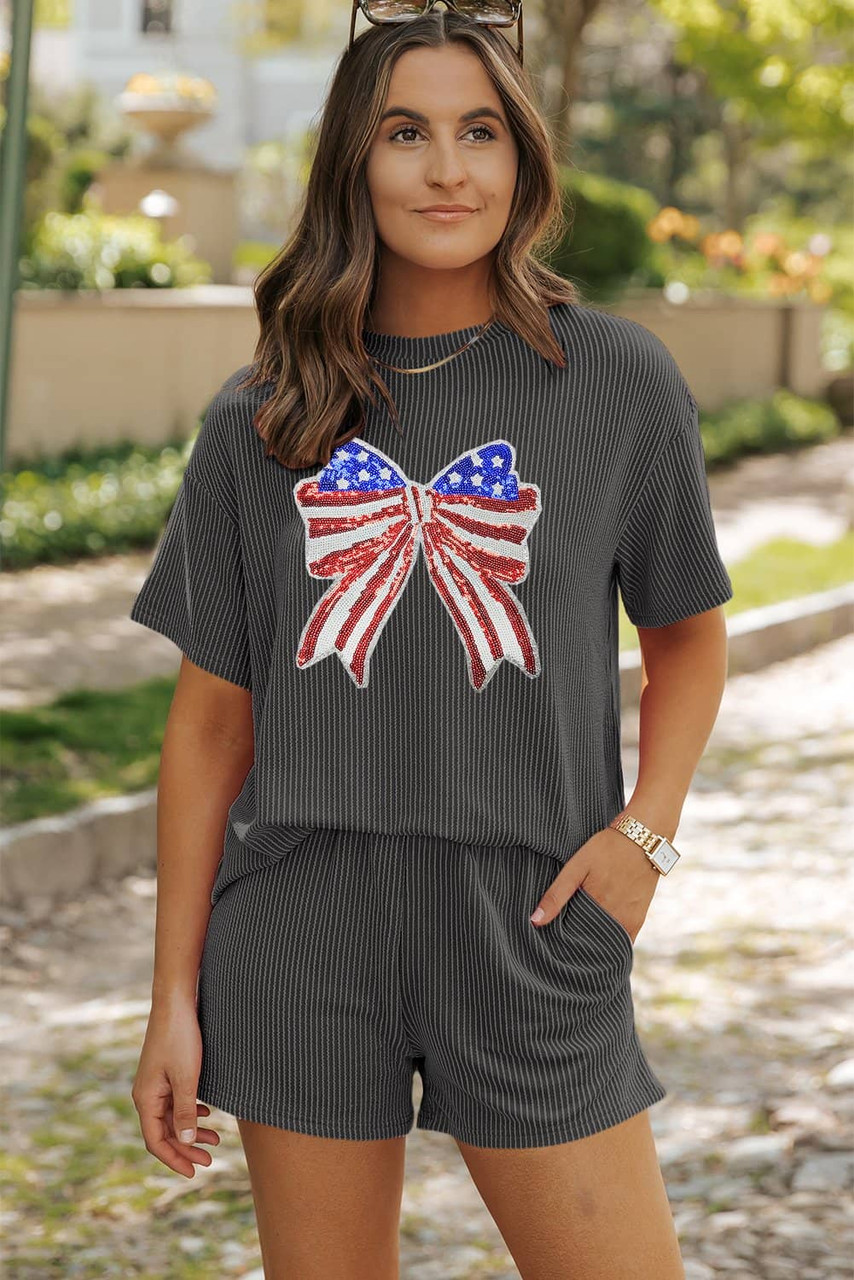Carbon Grey Independence Day Sequin Bow Graphic Twist Rib Textured Short Set Carbon Grey Independence Day Sequin Bow Graphic Twist Rib Textured Short Set