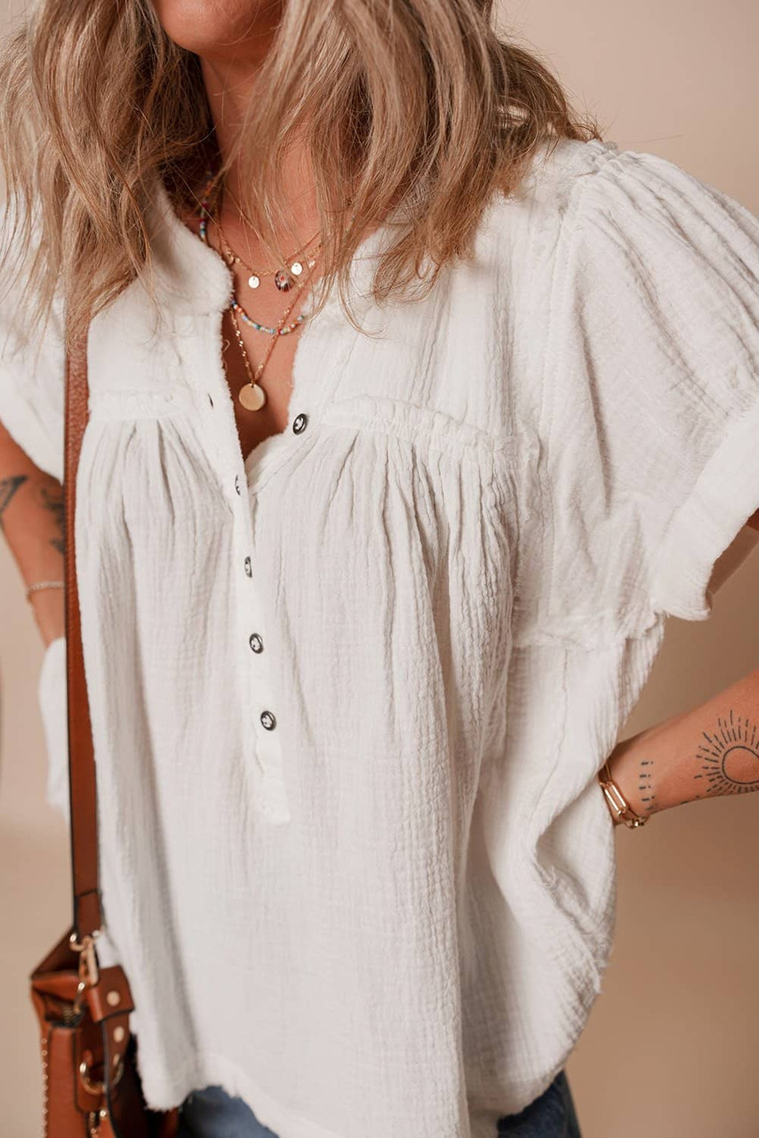 White Textured Short Sleeve Buttons Frayed Blouse