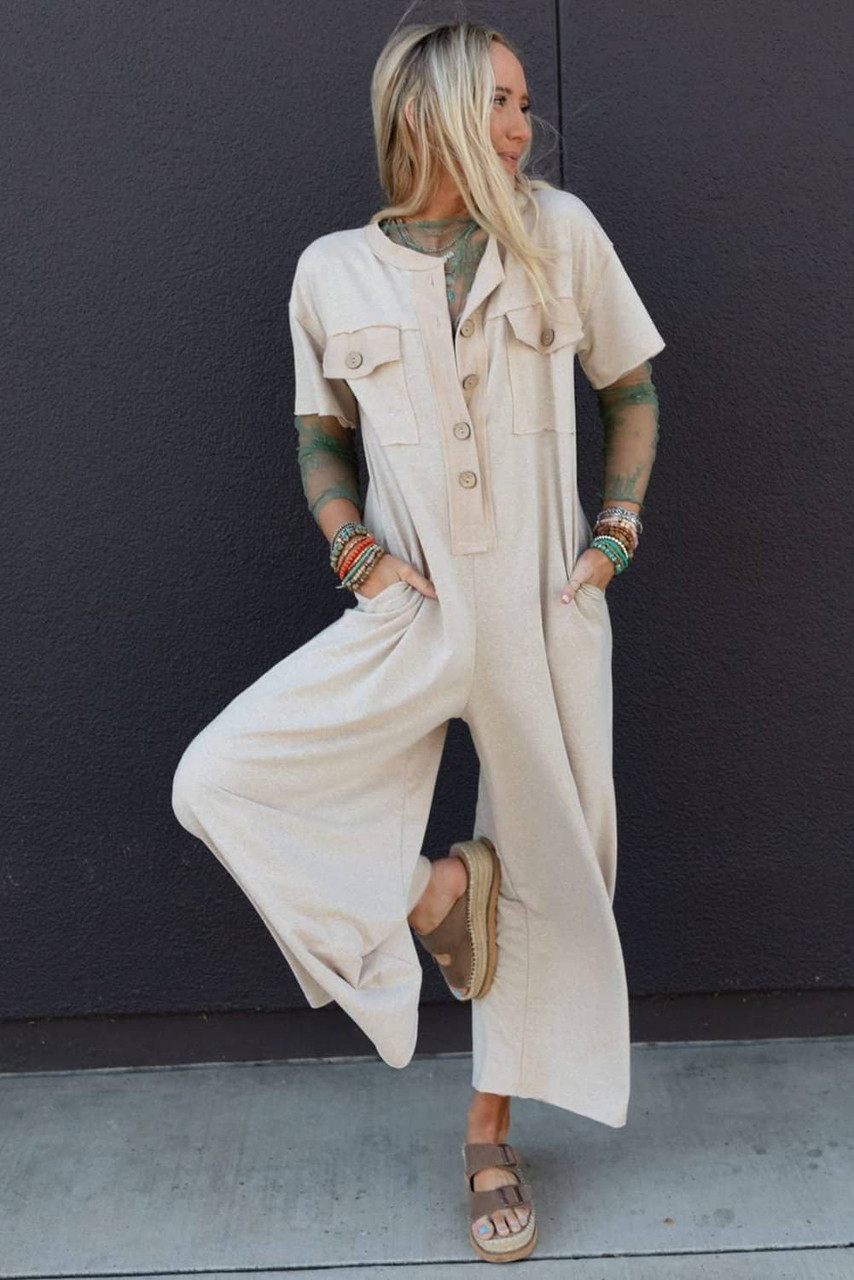 Beige Half Placket Chest Pockets Short Sleeve Wide Leg Jumpsuit Beige Half Placket Chest Pockets Short Sleeve Wide Leg Jumpsuit