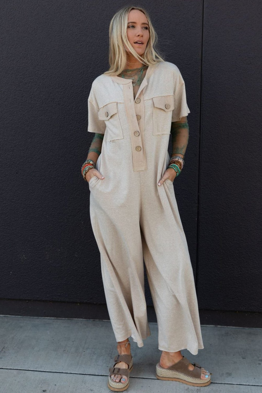 Beige Half Placket Chest Pockets Short Sleeve Wide Leg Jumpsuit Beige Half Placket Chest Pockets Short Sleeve Wide Leg Jumpsuit