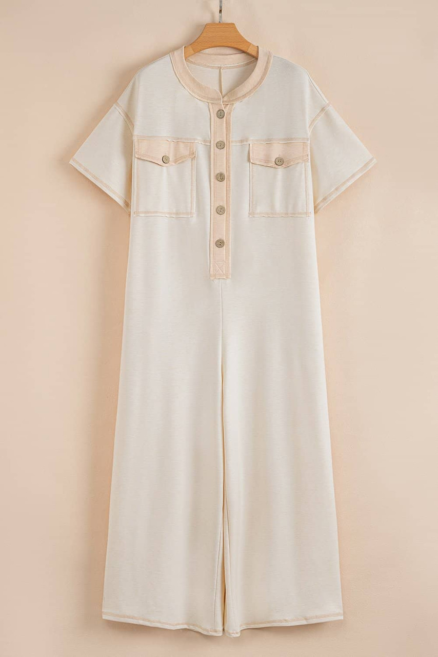 Beige Half Placket Chest Pockets Short Sleeve Wide Leg Jumpsuit Beige Half Placket Chest Pockets Short Sleeve Wide Leg Jumpsuit
