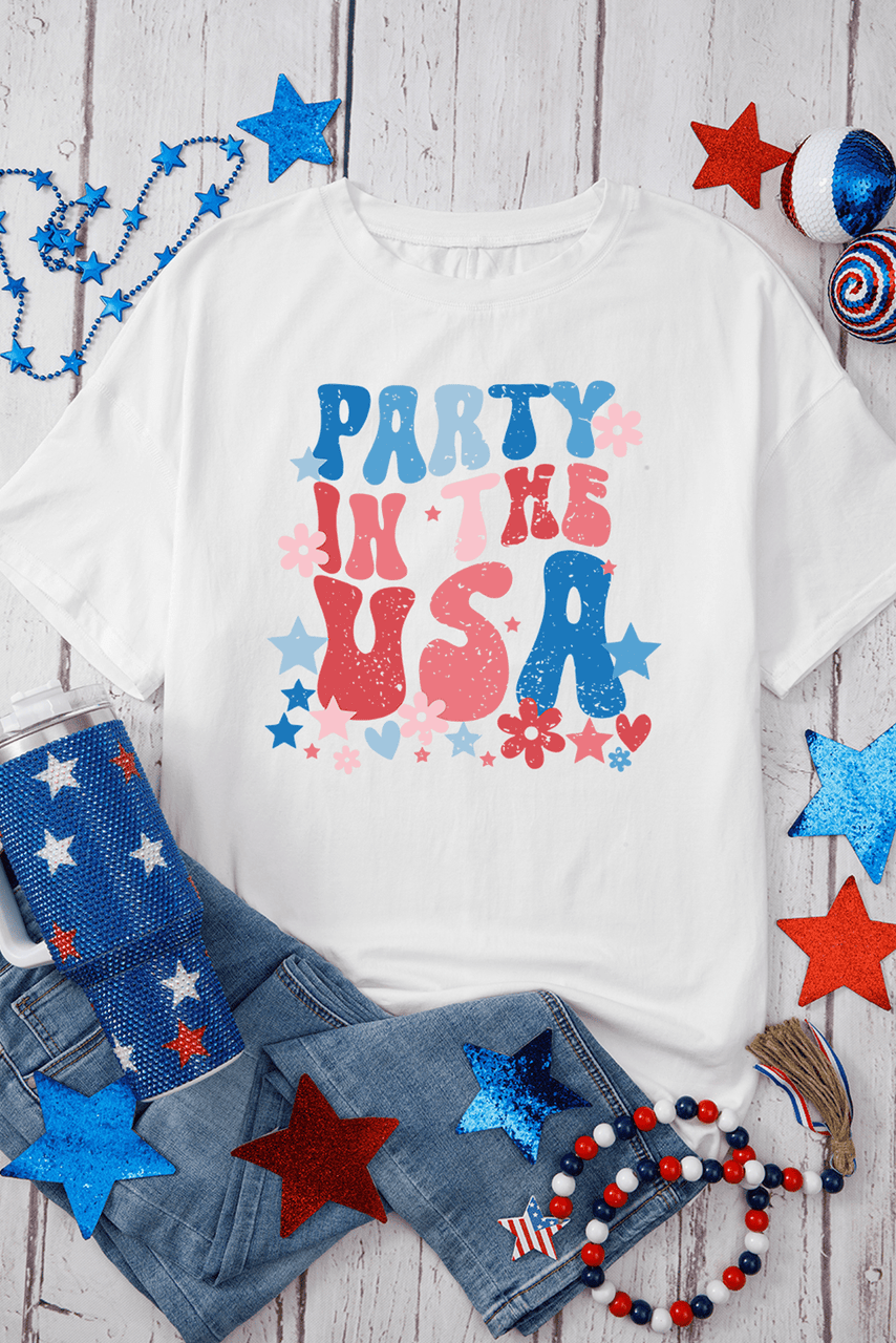White PARTY IN THE USA Graphic Oversized Tee
