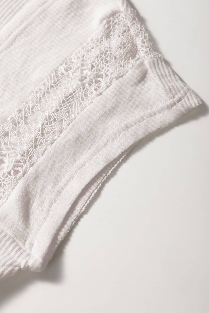 White Ribbed Texture Lace Patchwork Short Sleeve Top