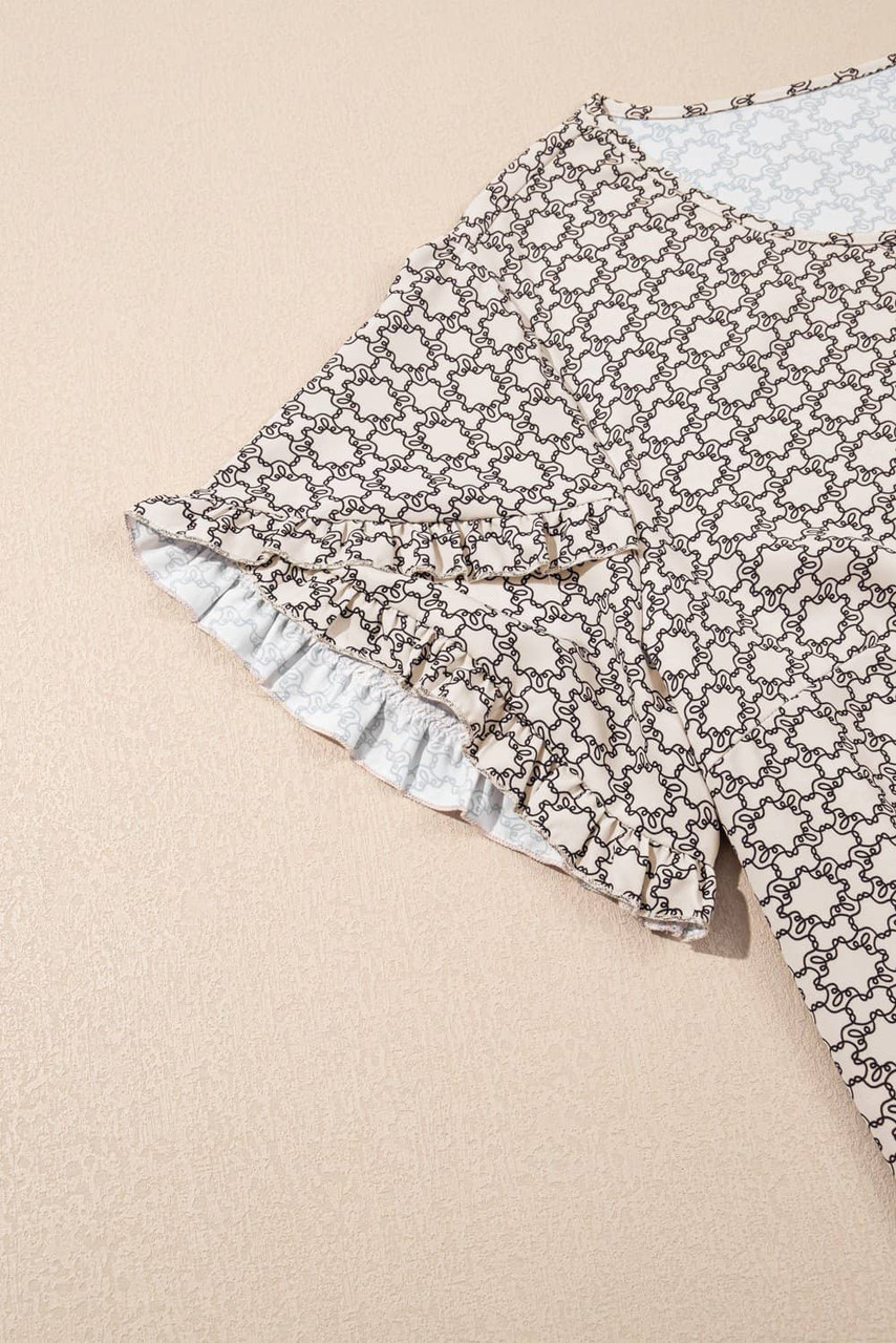 Khaki Plus Size Geometric Print Ruffled Sleeve Blouse