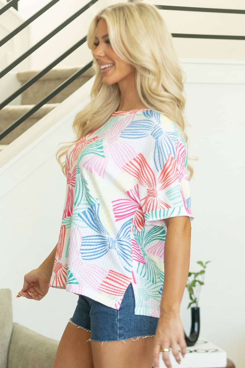 Multicolour Bowknot Printed Waffle Crewneck Loose Short Sleeve Top