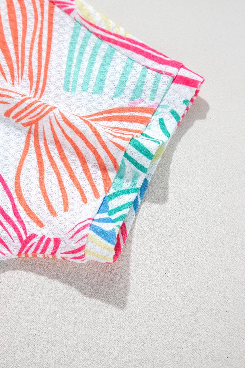 Multicolour Bowknot Printed Waffle Crewneck Loose Short Sleeve Top