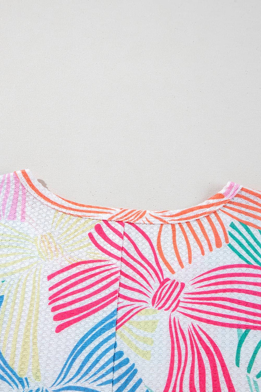 Multicolour Bowknot Printed Waffle Crewneck Loose Short Sleeve Top