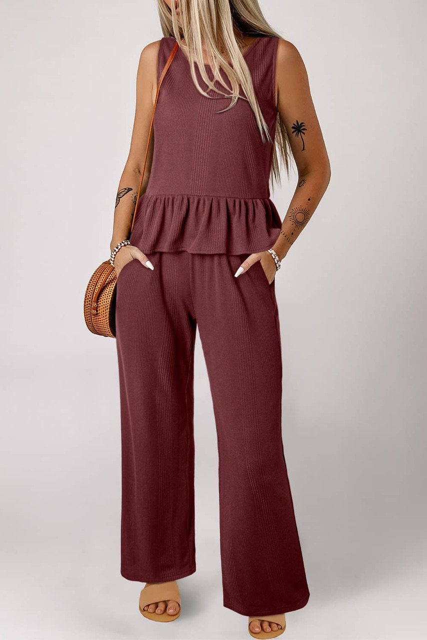 Red Dahlia Solid Color Ribbed Ruffle Tank Top and Pants Set